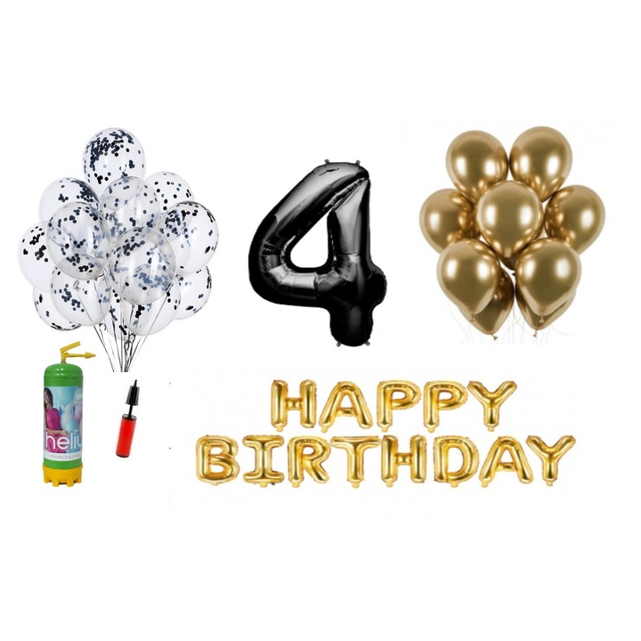 DOMI PARTY & GIFTS lufi szett, 36 elemes, Boldog születésnapot 4 éves évfordulóra, fóliaszám 101 cm, fekete + Hélium palack