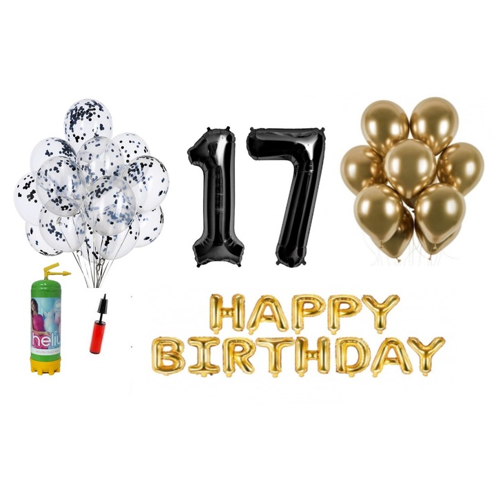 DOMI PARTY & GIFTS lufi szett, 37 elemes, Boldog születésnapot 17 éves évfordulóra, fóliaszámok 101 cm, fekete + Hélium palack
