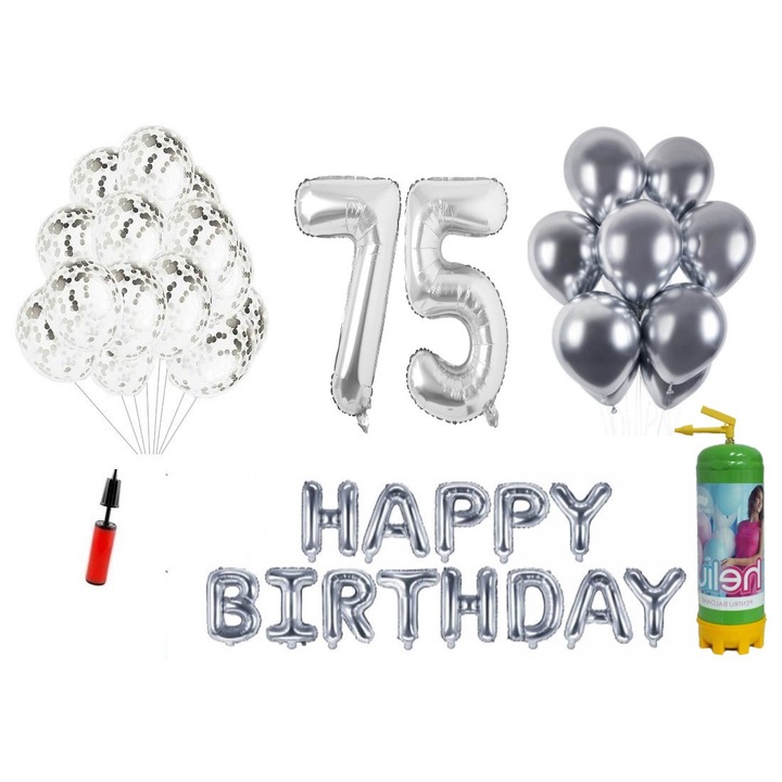 37 db DOMI PARTY & GIFTS lufi készlet, Boldog születésnapot 75 éves évfordulóra, fóliaszámok 100 cm, ezüst + hélium palack