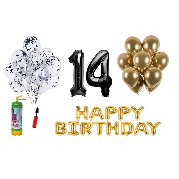 Комплект 37 балона DOMI PARTY & GIFTS, Happy Birthday 14 години юбилей, фолио цифри 100 см, черни + бутилка с хелий