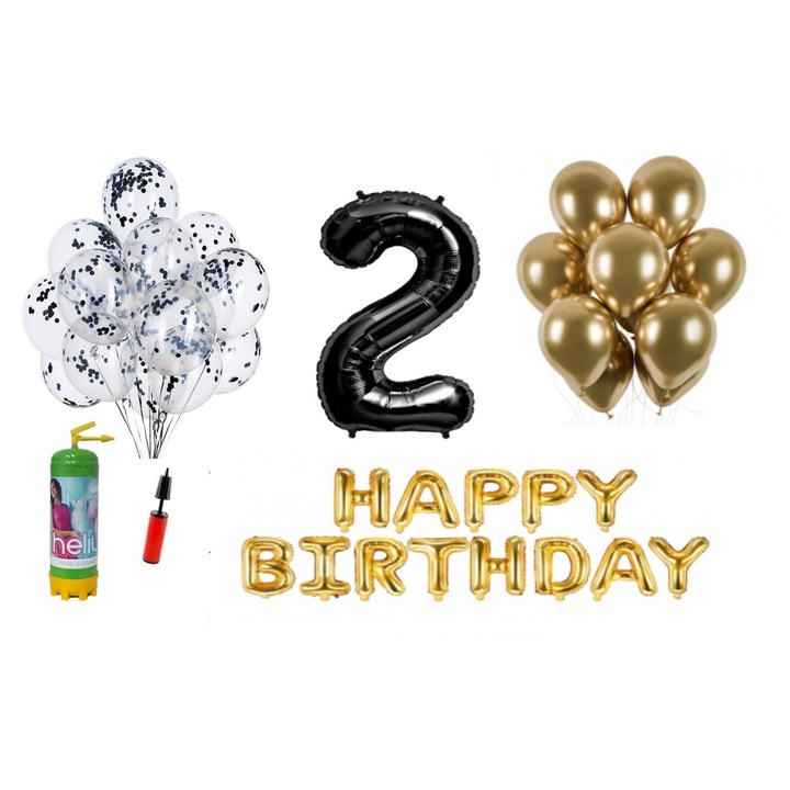DOMI PARTY & GIFTS lufi szett, 36 elemes, Boldog születésnapot 2 éves évfordulóra, fóliaszám 101 cm, fekete + Hélium palack