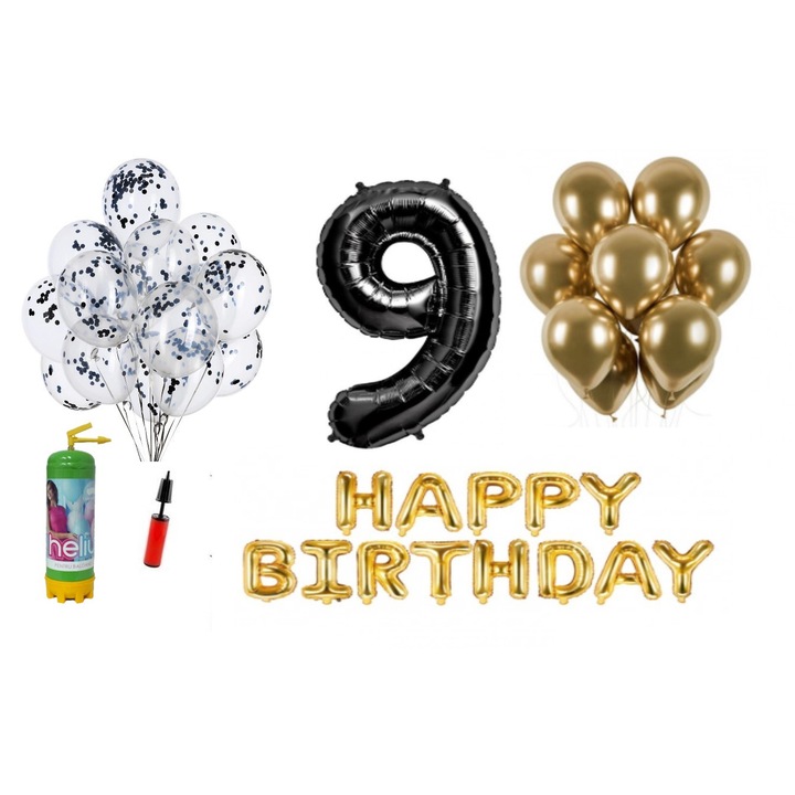 DOMI PARTY & GIFTS lufi szett, 36 elemes, Boldog születésnapot 9 éves évfordulóra, fóliaszám 101 cm, fekete + Hélium palack