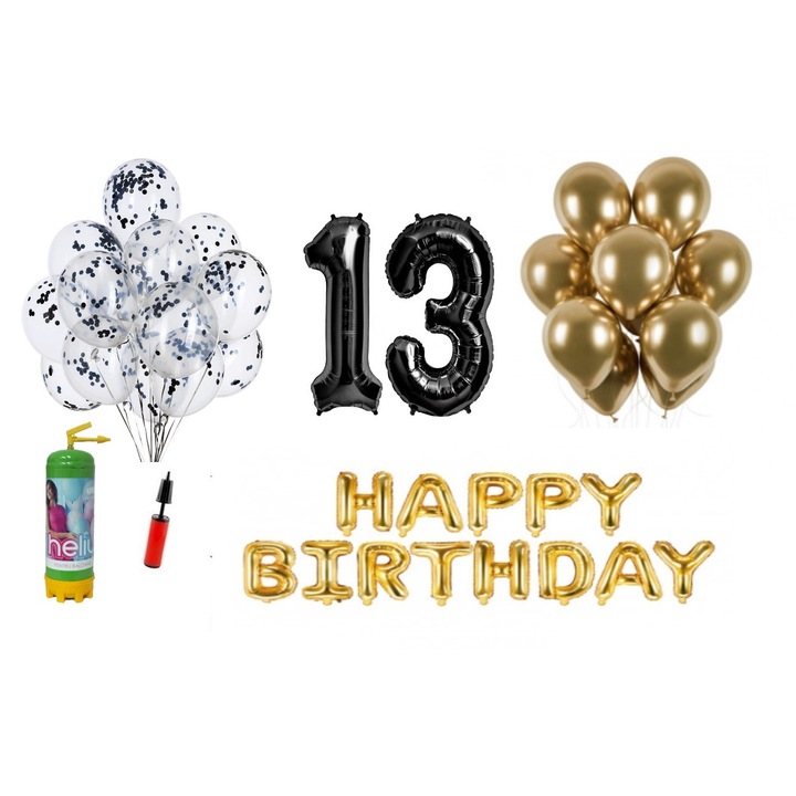 DOMI PARTY & GIFTS lufi szett, 37 elemes, Boldog születésnapot 13 éves évfordulóra, fóliaszámok 101 cm, fekete + Hélium palack