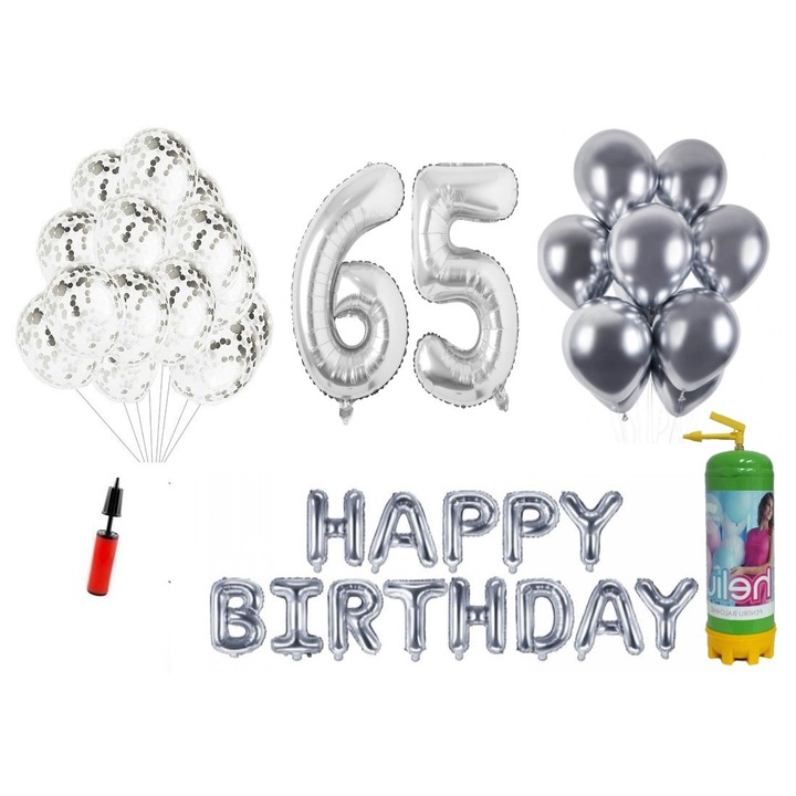 37 db DOMI PARTY & GIFTS lufi készlet, Boldog születésnapot 65 éves évfordulóra, fóliaszámok 100 cm, ezüst + hélium palack
