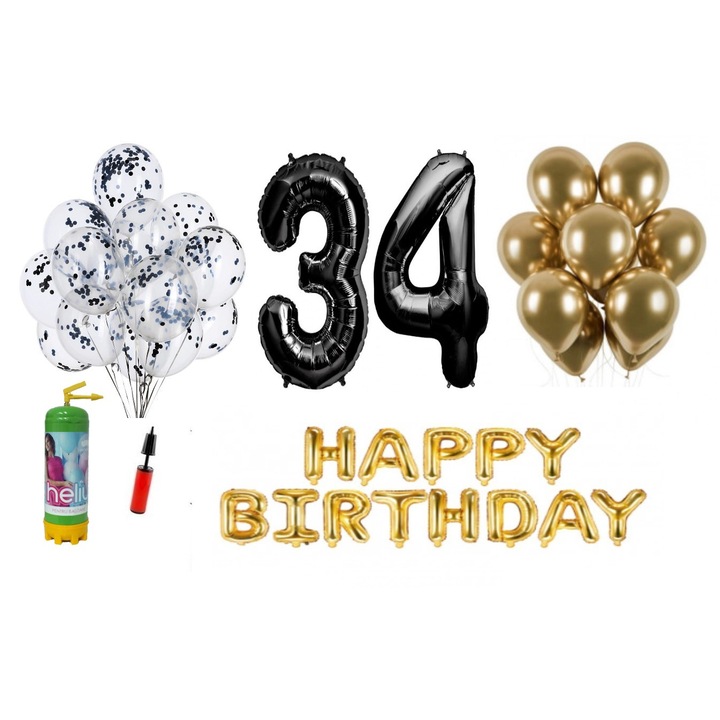 Комплект 37 балона DOMI PARTY & GIFTS, Happy Birthday 34 години юбилей, фолио цифри 100 см, черни + бутилка с хелий