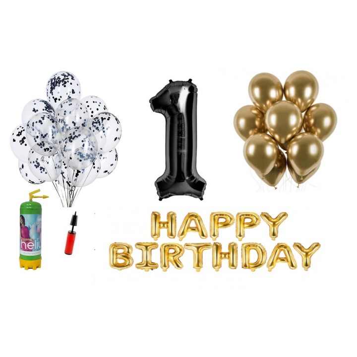 Комплект 36 балона DOMI PARTY & GIFTS, Happy Birthday 1 year юбилей, номер фолио 100 см, черен + бутилка с хелий