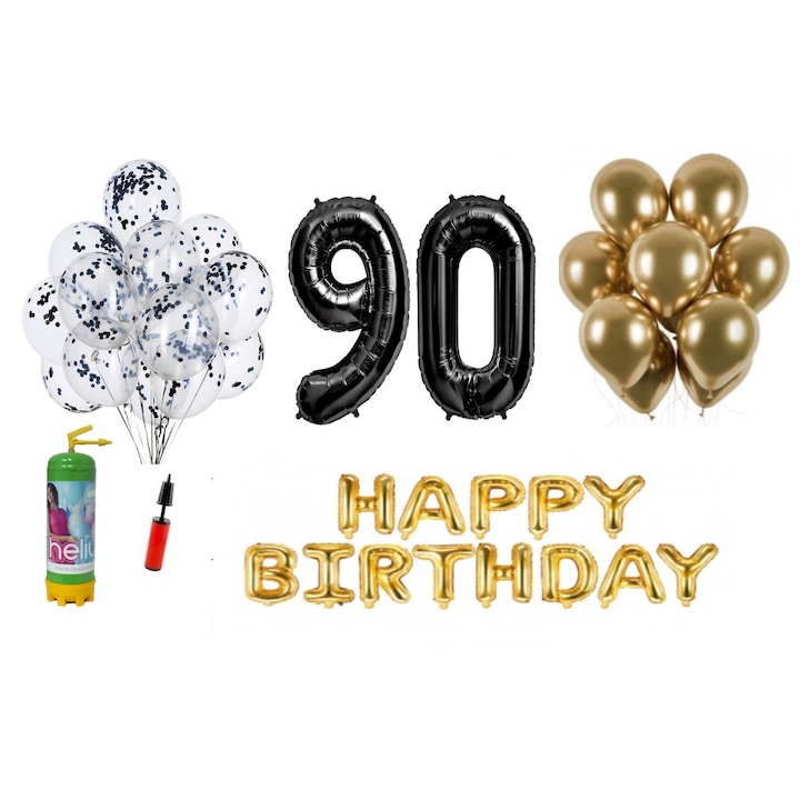 Комплект 37 балона DOMI PARTY & GIFTS, Happy Birthday 90 години юбилей, фолио цифри 100 см, черни + бутилка с хелий