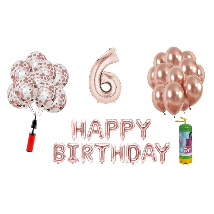 36 db-os DOMI PARTY & GIFTS lufi készlet, Boldog születésnapot 6 éves évfordulóra, fóliaszám 100 cm, rózsaszín arany + hélium palack