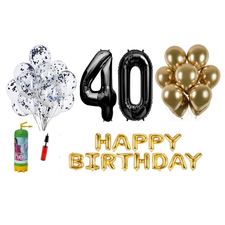DOMI PARTY & GIFTS lufi szett, 37 elemes, Boldog születésnapot 40. évfordulóra, fóliaszámok 101 cm, fekete + Hélium palack