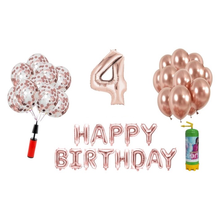 DOMI PARTY & GIFTS lufi szett, 36 elemes, Boldog születésnapot 4 éves évfordulóra, fóliaszám 101 cm, rózsaszín arany + hélium palack
