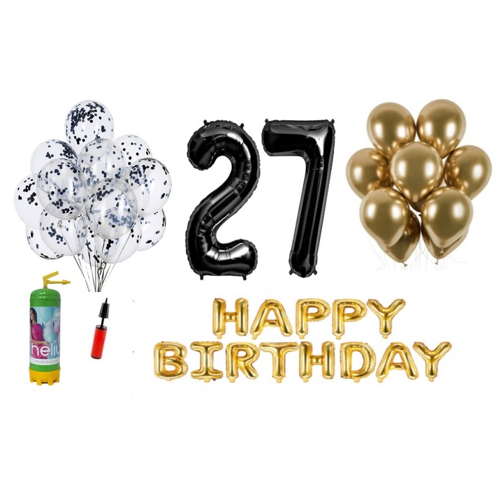 Комплект 37 балона DOMI PARTY & GIFTS, Happy Birthday 27 години юбилей, фолио цифри 100 см, черни + бутилка с хелий