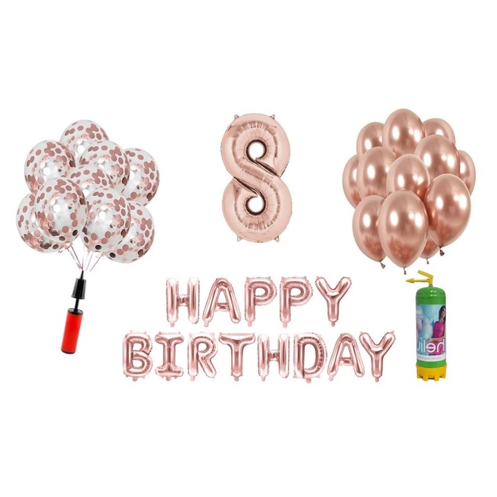DOMI PARTY & GIFTS lufi szett, 36 elemes, Boldog születésnapot 8 éves évfordulóra, fóliaszám 101 cm, rózsaszín arany + hélium palack