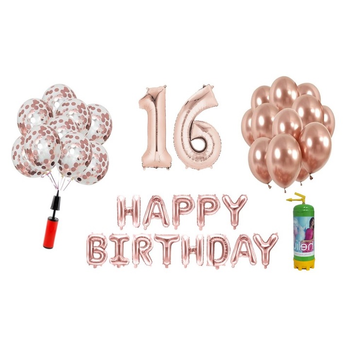 37 db DOMI PARTY & GIFTS lufi készlet, Boldog születésnapot 16 éves évfordulóra, fóliaszámok 100 cm, rózsa arany + hélium palack