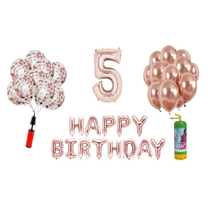 DOMI PARTY & GIFTS lufi készlet, 36 elemes, Boldog születésnapot 5 éves évfordulóra, fóliafigura 101 cm, rózsa arany + hélium palack