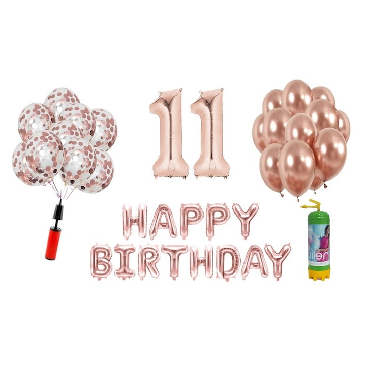 Комплект 37 балона DOMI PARTY & GIFTS, Happy Birthday 11 години, фолио цифри 100 см, розово злато + бутилка с хелий