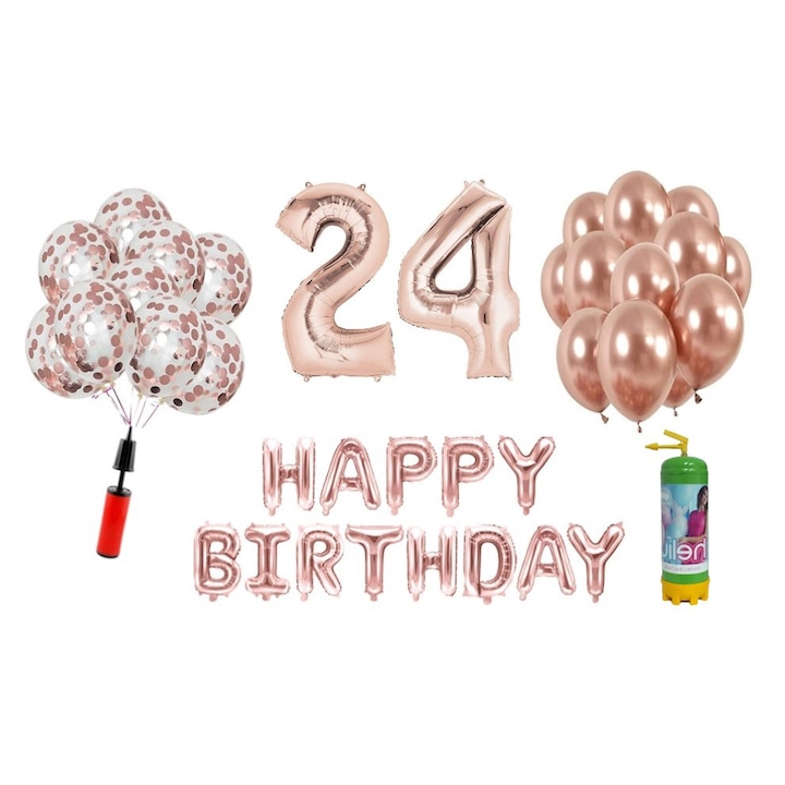 DOMI PARTY & GIFTS lufi szett, 37 elemes, Boldog születésnapot 24 éves évfordulóra, fólia számok 101 cm, rózsaszín arany + hélium palack