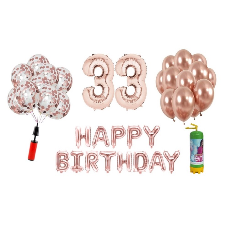 DOMI PARTY & GIFTS lufi szett, 37 elemes, Boldog születésnapot 33 éves évfordulóra, fóliaszámok 101 cm, rózsa arany + hélium palack
