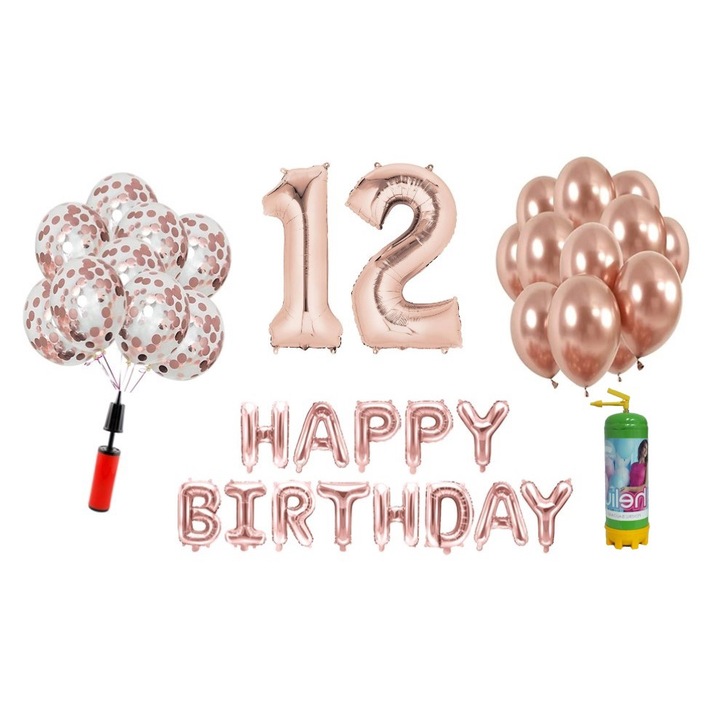 Комплект 37 балона DOMI PARTY & GIFTS, Happy Birthday 12 години, фолио цифри 100 см, розово злато + бутилка с хелий