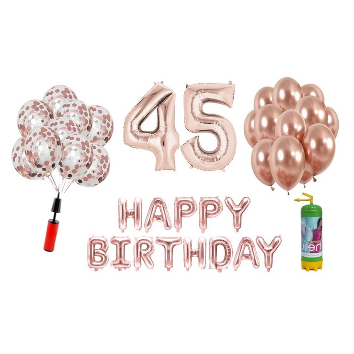 Комплект 37 балона DOMI PARTY & GIFTS, Happy Birthday 45 години юбилей, фолио цифри 100 см, розово злато + бутилка Хелий