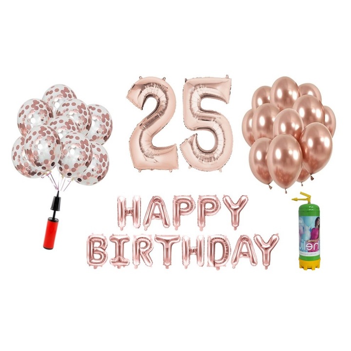 Комплект 37 балона DOMI PARTY & GIFTS, Happy Birthday 25 години, фолио цифри 100 см, розово злато + бутилка с хелий