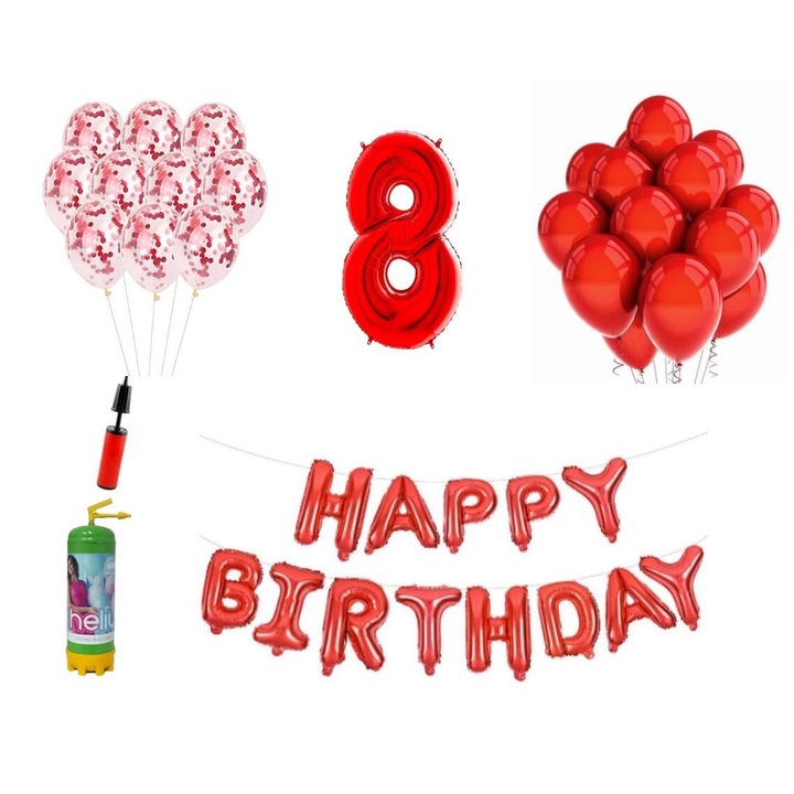 DOMI PARTY & GIFTS lufi szett, 36 elemes, Boldog születésnapot 8 éves évfordulóra, fóliafigura 101 cm, piros + Hélium palack