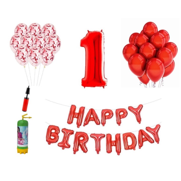 DOMI PARTY & GIFTS lufi szett, 36 elemes, Boldog születésnapot 1 éves évfordulóra, fóliaszám 101 cm, piros + Hélium palack