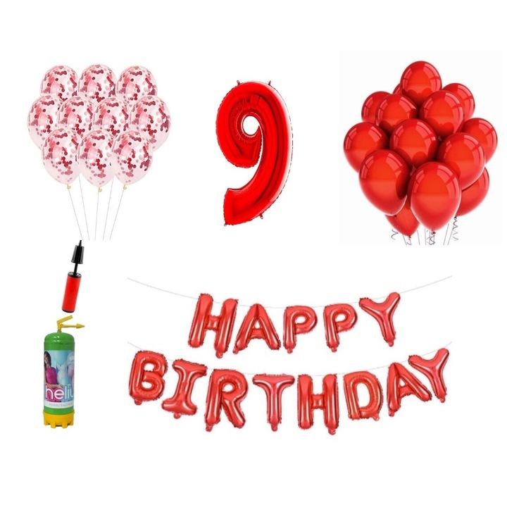 DOMI PARTY & GIFTS lufi szett, 36 elemes, Boldog születésnapot 9 éves évfordulóra, fóliaszám 101 cm, piros + Hélium palack