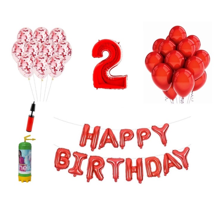 DOMI PARTY & GIFTS lufi szett, 36 elemes, Boldog születésnapot 2 éves évfordulóra, fóliaszám 101 cm, piros + Hélium palack