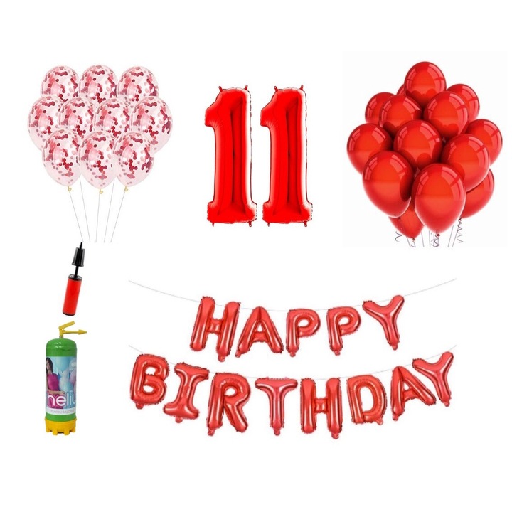 Комплект 37 бр. балони DOMI PARTY & GIFTS, Happy Birthday 11 години, фолио цифри 100 см, червени + бутилка с хелий