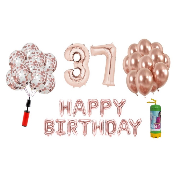 DOMI PARTY & GIFTS lufi szett, 37 elemes, Boldog születésnapot 37 éves évfordulóra, fóliaszámok 101 cm, rózsaszín arany + hélium palack