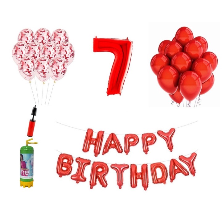 DOMI PARTY & GIFTS lufi szett, 36 elemes, Boldog születésnapot 7 éves évfordulóra, fóliaszám 101 cm, piros + Hélium palack