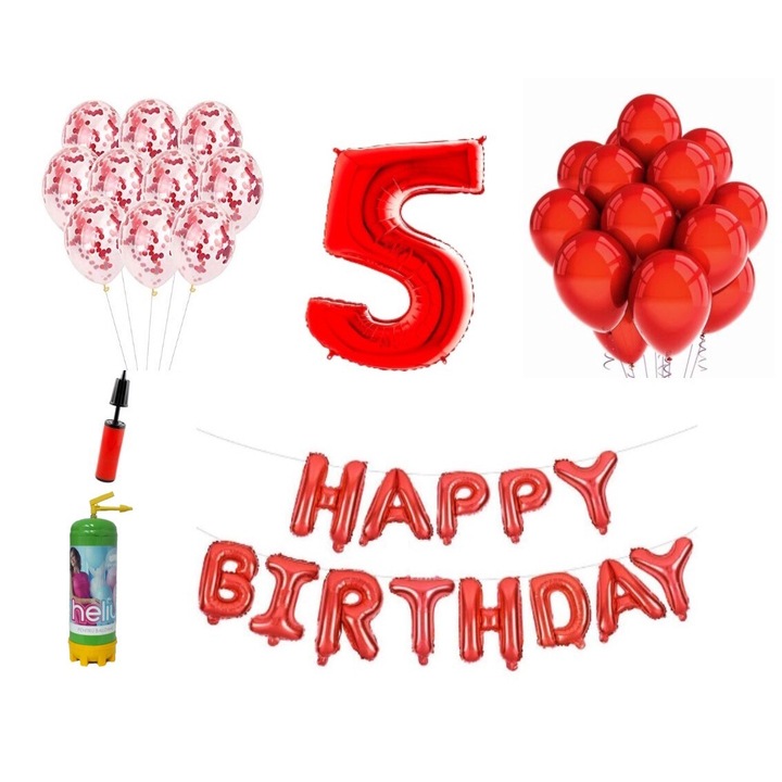 DOMI PARTY & GIFTS lufi szett, 36 elemes, Boldog születésnapot 5 éves évfordulóra, fóliafigura 101 cm, piros + Hélium palack