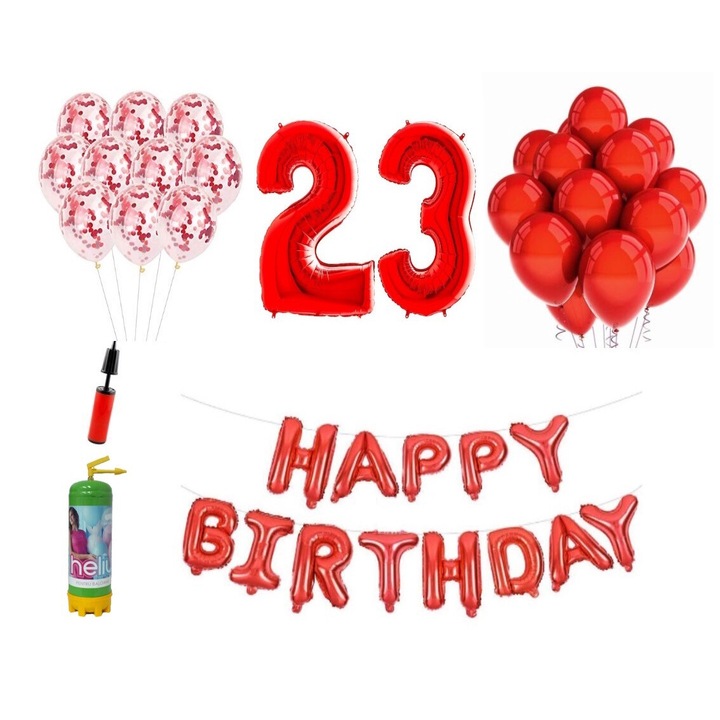 Комплект 37 балона DOMI PARTY & GIFTS, Happy Birthday 23 години юбилей, фолио цифри 100 см, червени + бутилка с хелий