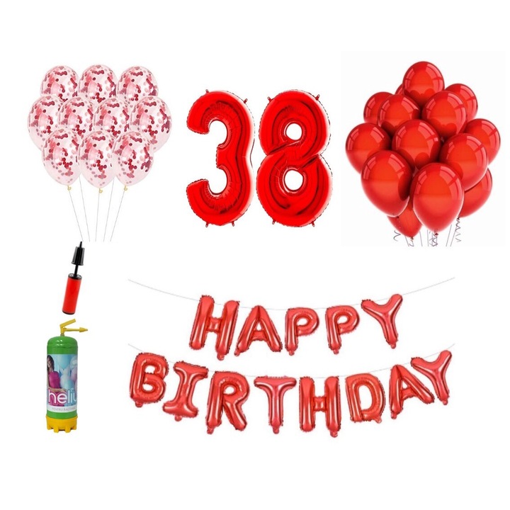 DOMI PARTY & GIFTS lufi készlet, 37 elemes, Boldog születésnapot 38 éves évfordulóra, fóliaszámok 101 cm, piros + Hélium palack