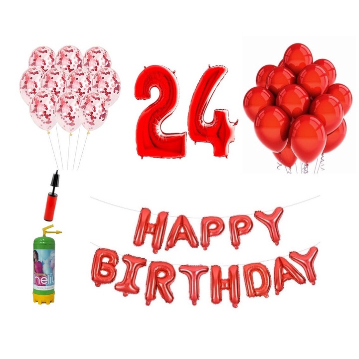 37 db DOMI PARTY & GIFTS lufi készlet, Boldog születésnapot 24. évfordulóra, fóliaszámok 100 cm, piros + Hélium palack