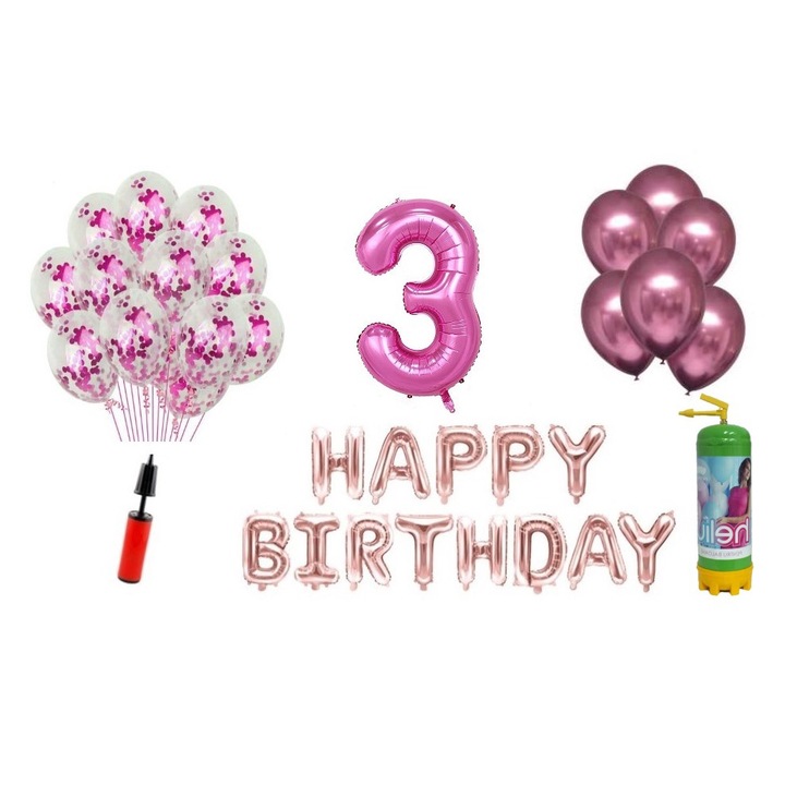 DOMI PARTY & GIFTS lufi szett, 36 elemes, Boldog születésnapot 3 éves évfordulóra, fóliaszám 101 cm, rózsaszín + Hélium palack
