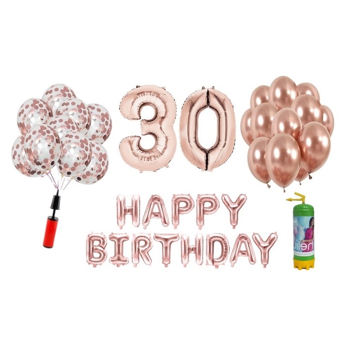 Комплект 37 балона DOMI PARTY & GIFTS, Happy Birthday 30 години юбилей, фолио цифри 100 см, розово злато + бутилка Хелий