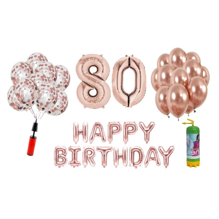 Комплект балони DOMI PARTY & GIFTS, 37 елемента, Happy Birthday 80 години юбилей, фолио цифри 101 см, розово злато + бутилка Хелий