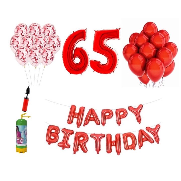 Комплект балони DOMI PARTY & GIFTS, 37 елемента, Happy Birthday 65 години юбилей, фолио цифри 101 см, червено + бутилка с хелий