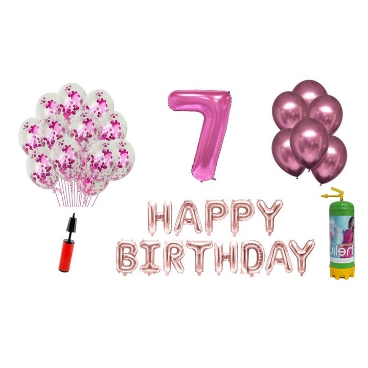 DOMI PARTY & GIFTS lufi szett, 36 elemes, Boldog születésnapot 7 éves évfordulóra, fóliaszám 101 cm, rózsaszín + Hélium palack