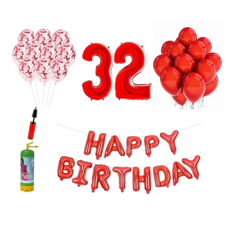 Set 37 baloane DOMI PARTY & GIFTS, Happy Birthday aniversare 32 ani, cifre folie 100 cm, rosu + Butelie de heliu