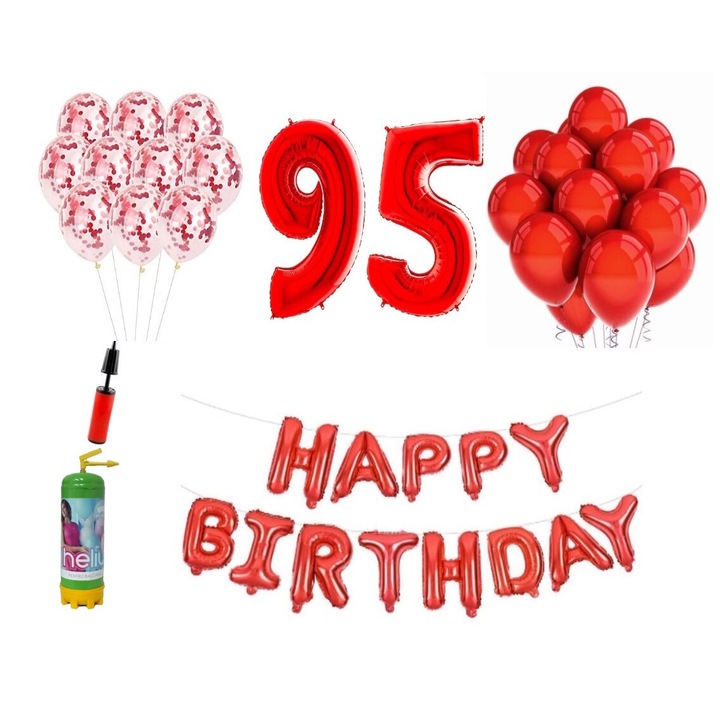 Комплект 37 балона DOMI PARTY & GIFTS, Happy Birthday 95 години юбилей, фолио цифри 100 см, червено + бутилка с хелий