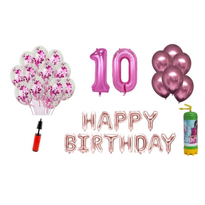 Set 37 baloane DOMI PARTY & GIFTS, Happy Birthday aniversare 10 ani, cifre folie 100 cm, roz + Butelie de heliu