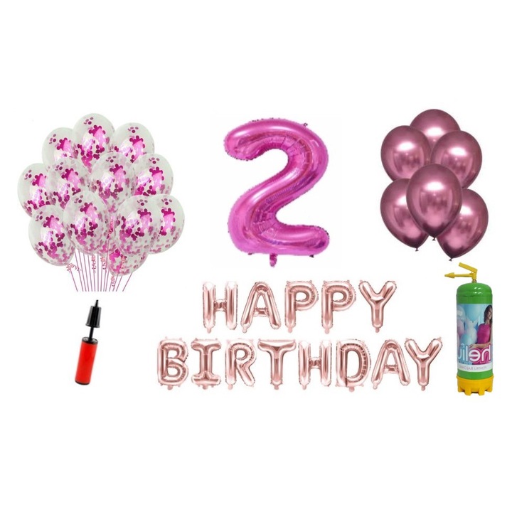DOMI PARTY & GIFTS lufi szett, 36 elemes, Boldog születésnapot 2 éves évfordulóra, fóliaszám 101 cm, rózsaszín + Hélium flakon