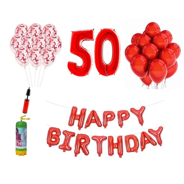 37 db DOMI PARTY & GIFTS lufi készlet, Boldog születésnapot 50 éves évfordulóra, fóliaszámok 100 cm, piros + hélium palack