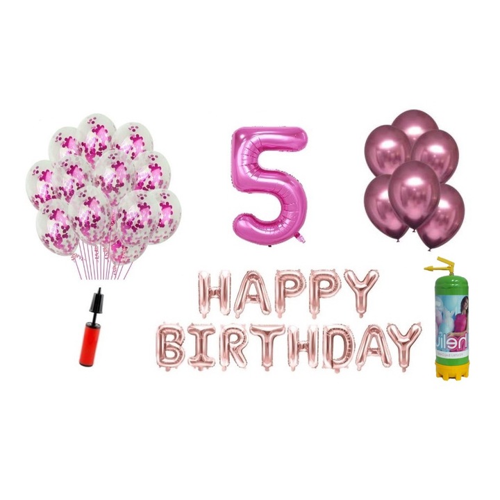 DOMI PARTY & GIFTS lufi szett, 36 elemes, Boldog születésnapot 5 éves évfordulóra, fóliaszám 101 cm, rózsaszín + Hélium palack