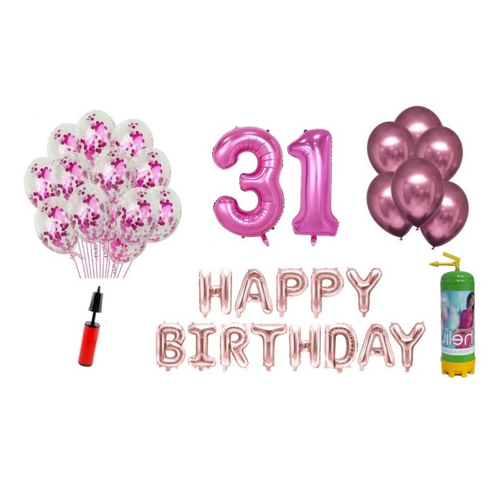 DOMI PARTY & GIFTS lufi szett, 37 elemes, Boldog születésnapot 31 éves évfordulóra, fóliaszámok 101 cm, rózsaszín + Hélium palack