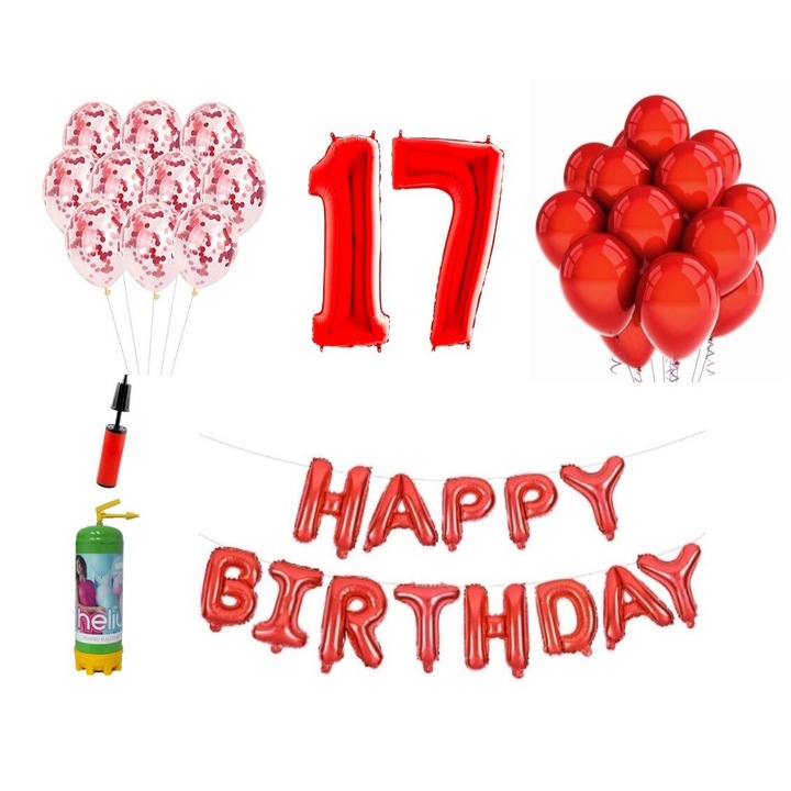DOMI PARTY & GIFTS lufi szett, 37 elemes, Boldog születésnapot 17 éves évfordulóra, fóliaszámok 101 cm, piros + Hélium palack