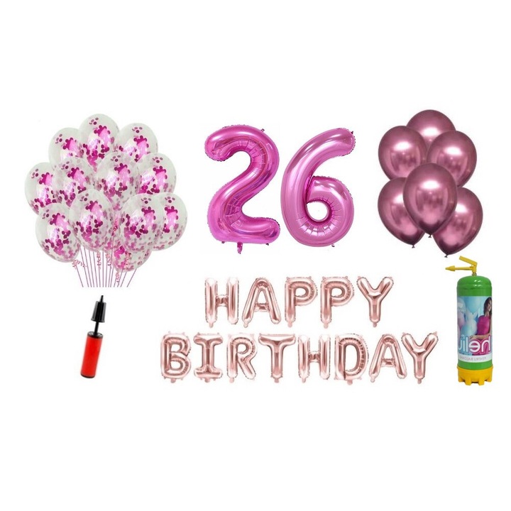 DOMI PARTY & GIFTS lufi szett, 37 elemes, Boldog születésnapot 26 éves évfordulóra, fóliaszámok 101 cm, rózsaszín + Hélium palack