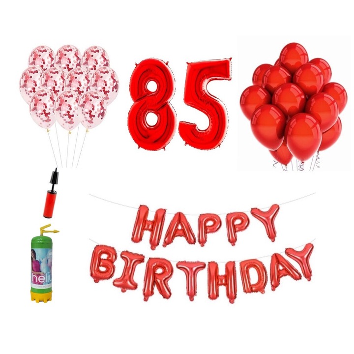 37 db DOMI PARTY & GIFTS lufi készlet, Boldog születésnapot 85 éves évfordulóra, fóliaszámok 100 cm, piros + Hélium palack